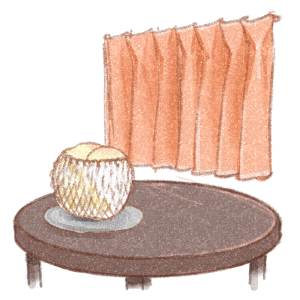 カーテンで直射日光が当たるのを避けている桃のイラスト