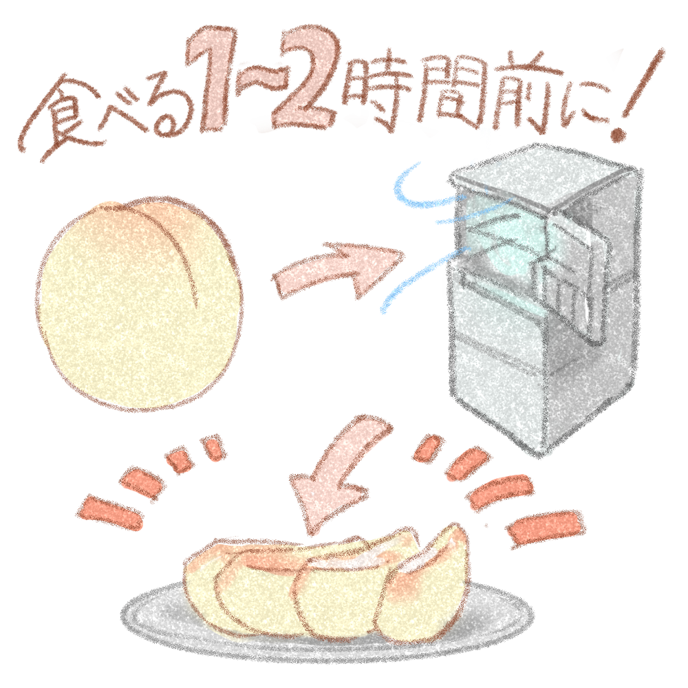 冷蔵庫で桃を冷やして取り出しているイラスト