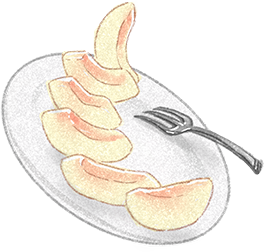 切った桃に載せた皿とフォークのイラスト
